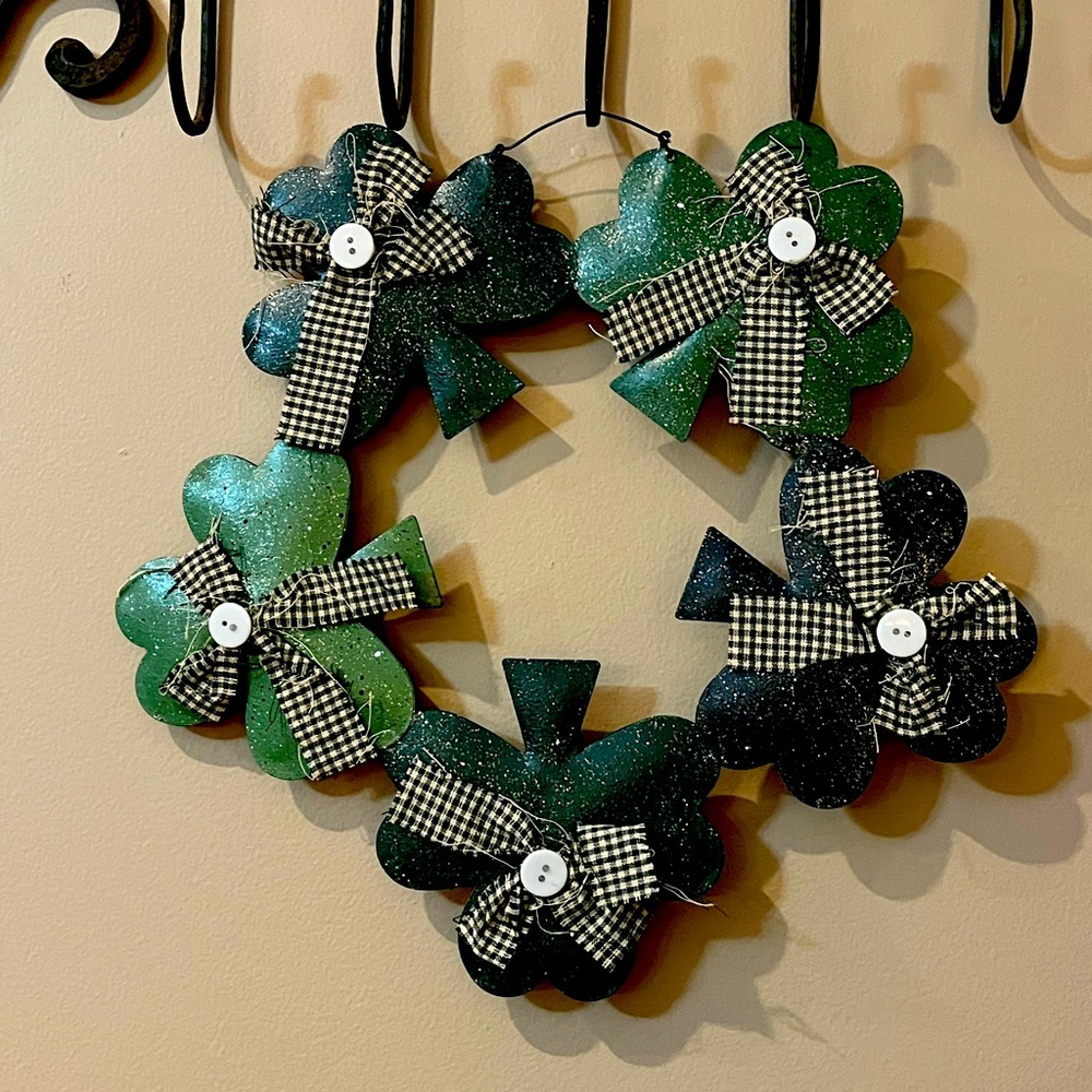 St. Patty’s Day Small Clover Metal Wreath Decor in shades of Green.